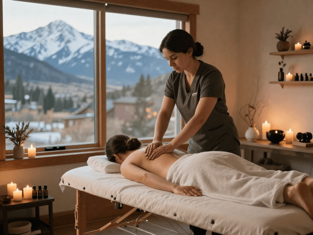 Masseuse in Mammoth Lakes providing a tranquil deep tissue massage in a serene spa setting.