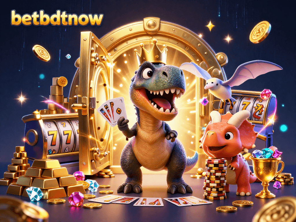 Experience thrilling fun at betbdtnow with our animated T-Rex dealer and vibrant casino scene.
