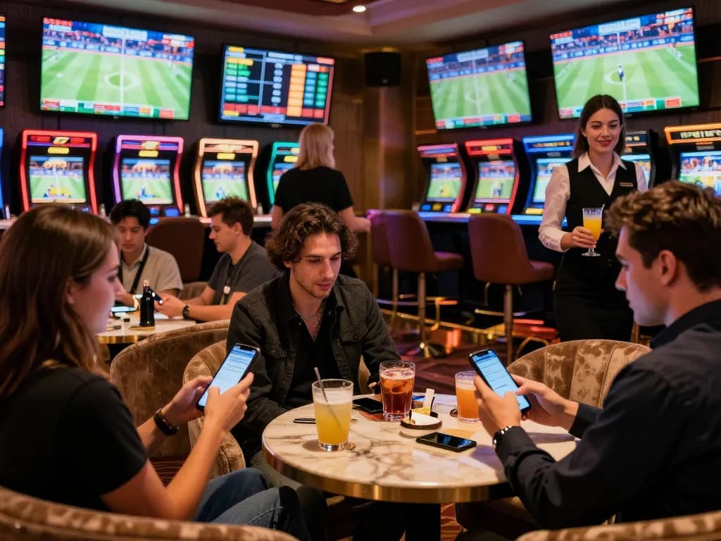 Friends enjoying sports betting at a TG88 lounge, focused on mobile apps and live game stats, vibrant casino atmosphere.