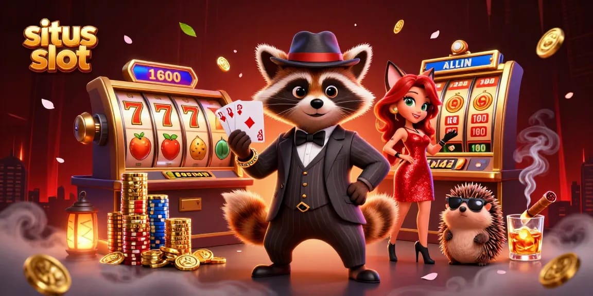 Gambaran menarik situs slot dengan karakter kartun yang ceria, mesin slot, dan suasana kasino yang kaya visual.