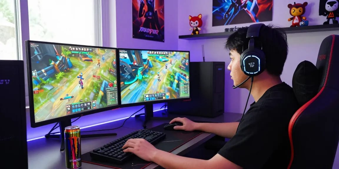 Engaged gamer immersed in rokok88 gameplay with dual monitors
