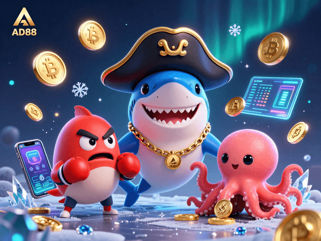 Engage with AD88's thrilling online casino experience featuring a pirate shark and cartoon characters amidst crypto coins.