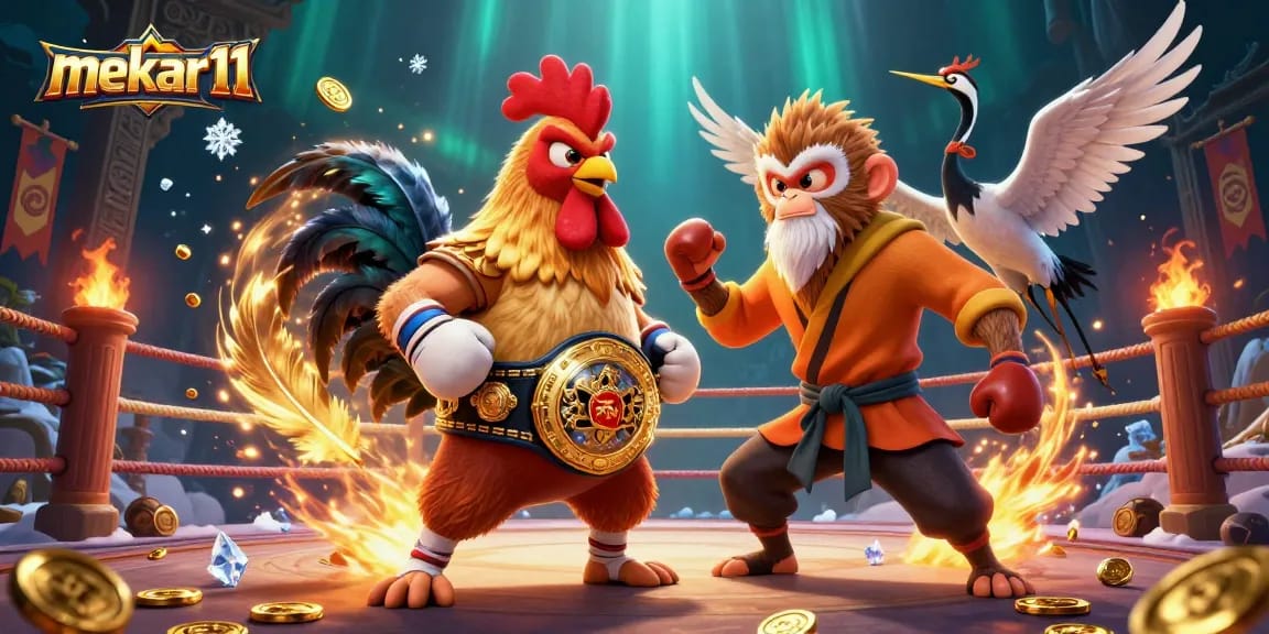 Experience the thrill of mekar11 with a Muay Thai rooster and Shaolin monkey in an energetic casino scene.