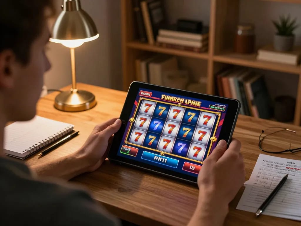 Engaging online slot 777 gameplay on a tablet in a cozy home setup with strategic notes visible.