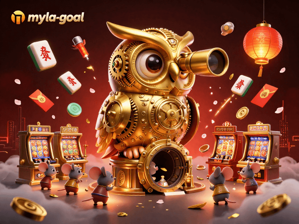 Spin the reels with myla-goal, a dynamic illustration of golden owl and mouse patrons amidst vibrant casino elements.
