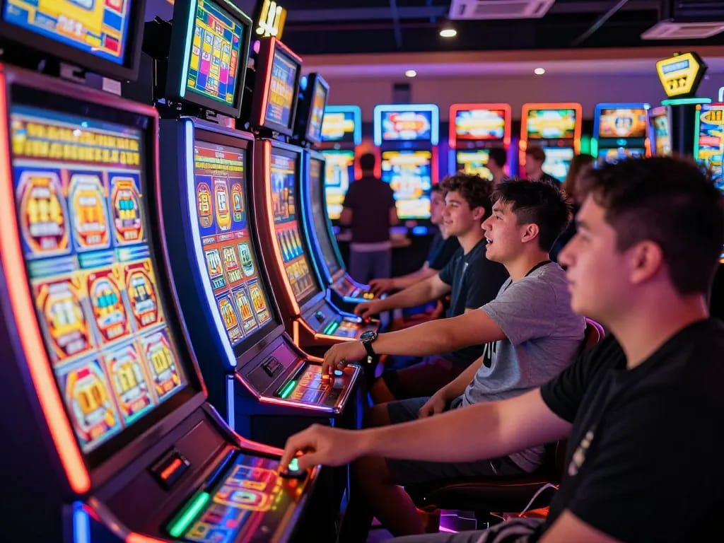 Engaging slot gacor hari ini gameplay with players at colorful slot machines in a lively casino atmosphere