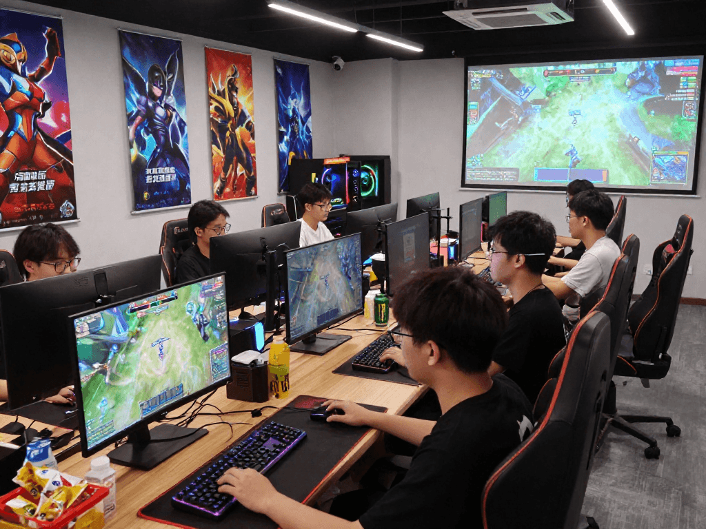 먹튀폴리스와 함께하는 역동적인 게임 공간, 젊은 게이머들이 경쟁적인 게임을 즐기는 모습