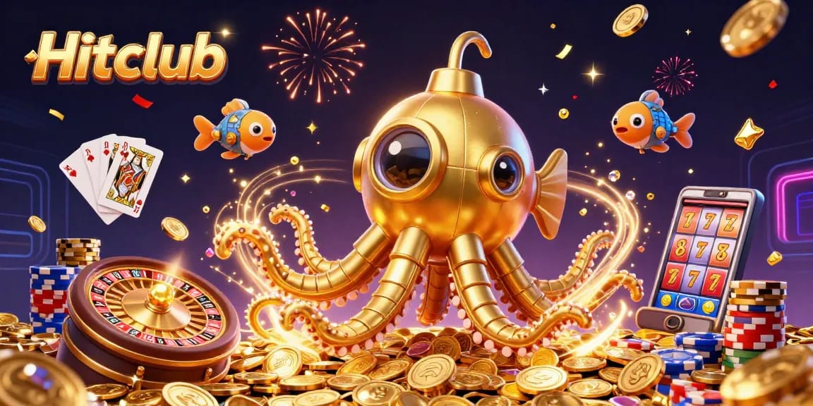 Hitclub's golden kraken submarine splashes through coins and a vibrant casino scene.