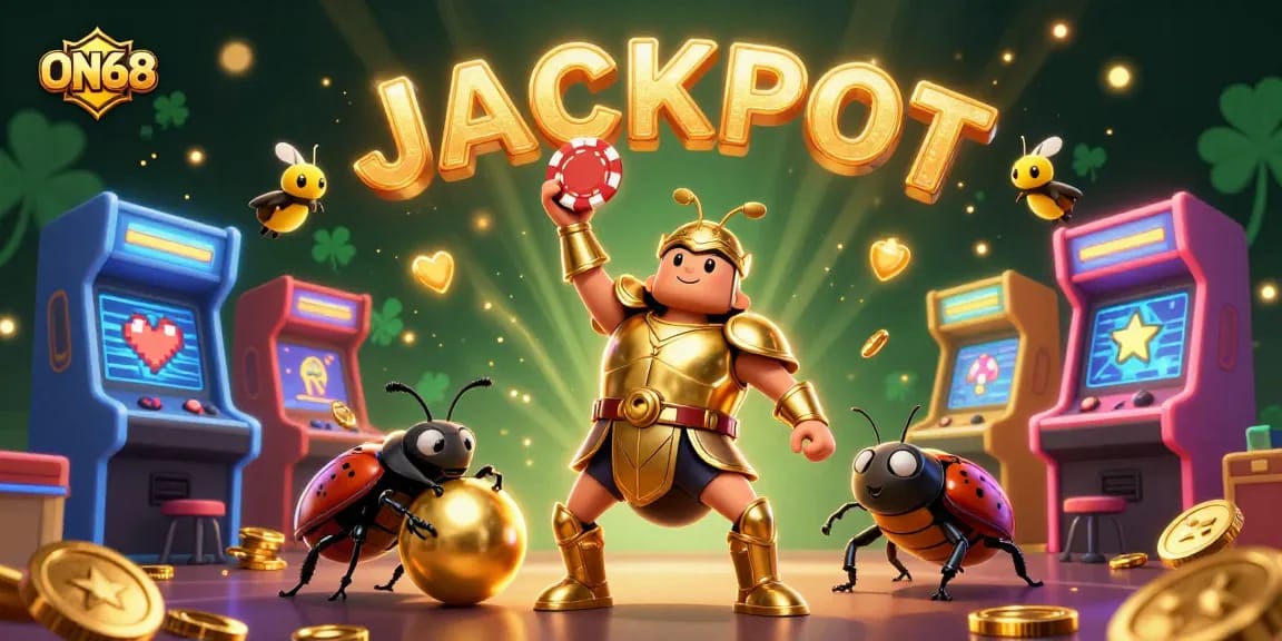 ON68 players celebrate their winning jackpot with dynamic 3D characters in a rich gaming environment.