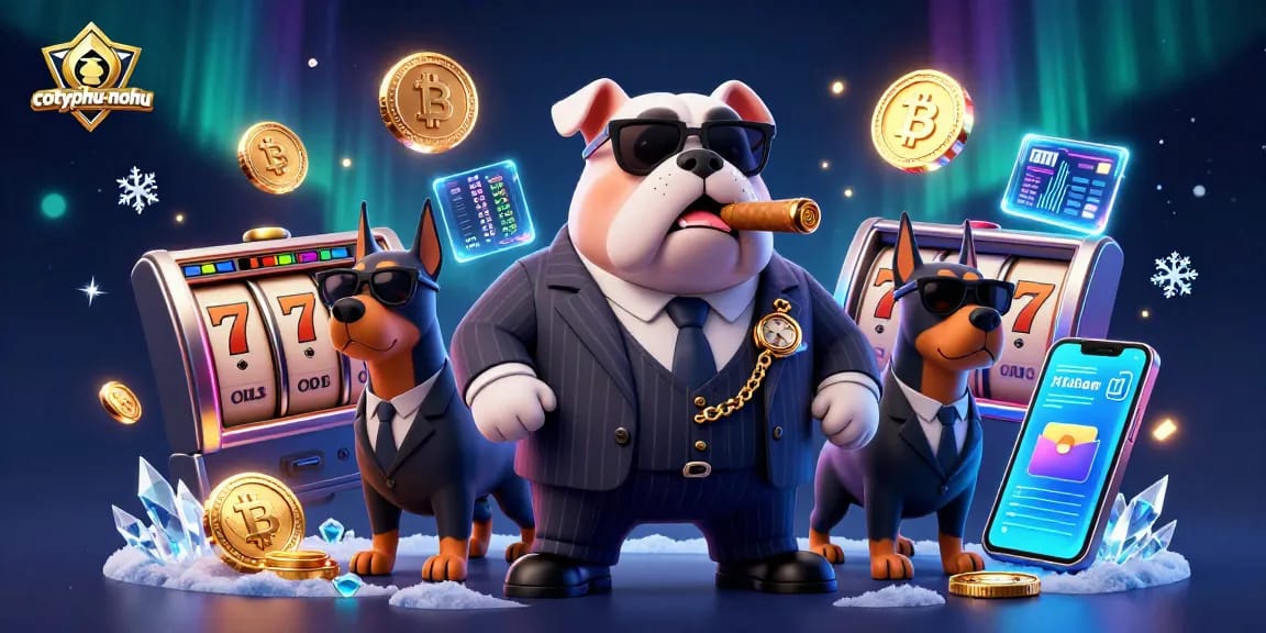 Cotyphu-nohu takes center stage in a vibrant online casino scene featuring a mafia boss bulldog with slot elements.