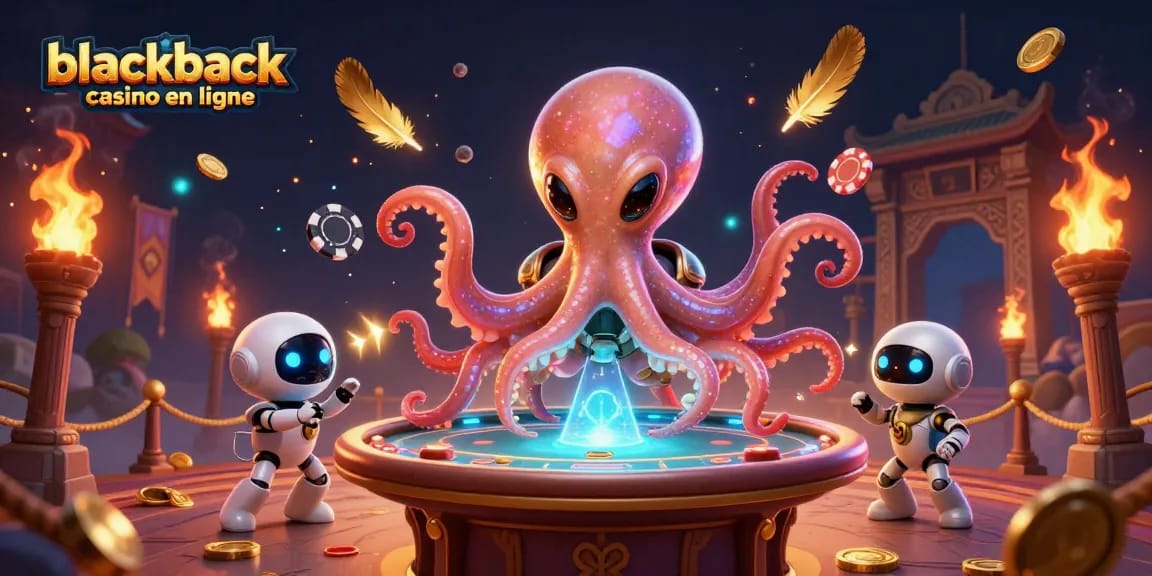 Découvrez le blackjack casino en ligne dans une illustration 3D captivante avec des personnages intergalactiques.