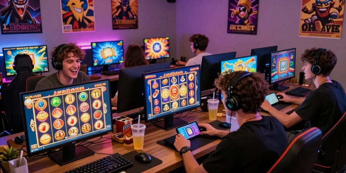Dynamic slot gaming scene with players celebrating wins, showcasing exciting online gameplay.