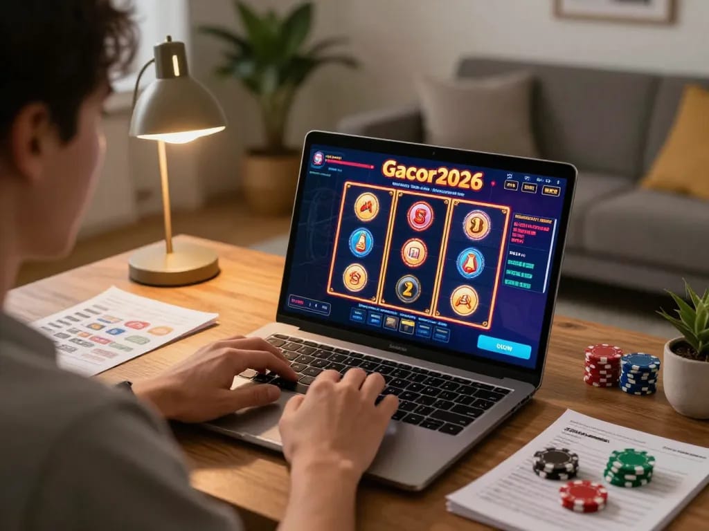 Engaging in online slots gameplay at slot-gacor2026 with colorful graphics and cozy interior