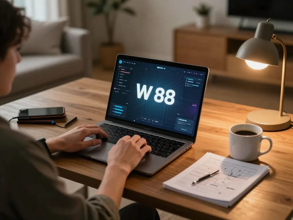 Engaging in online casino gaming at W 88, showing a player in a cozy home setup with strategic notes