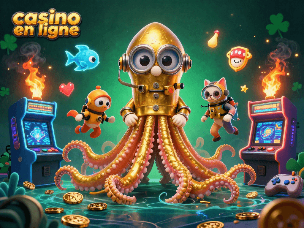 Découvrez le monde vibrant du casino en ligne avec un kraken doré et un chat plongeur, entourés de machines de jeu colorées.