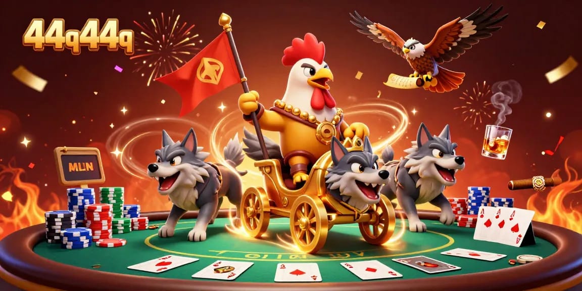Experience thrilling wins at 44q44q with a dynamic poker scene featuring a 3D cartoon rooster warlord.