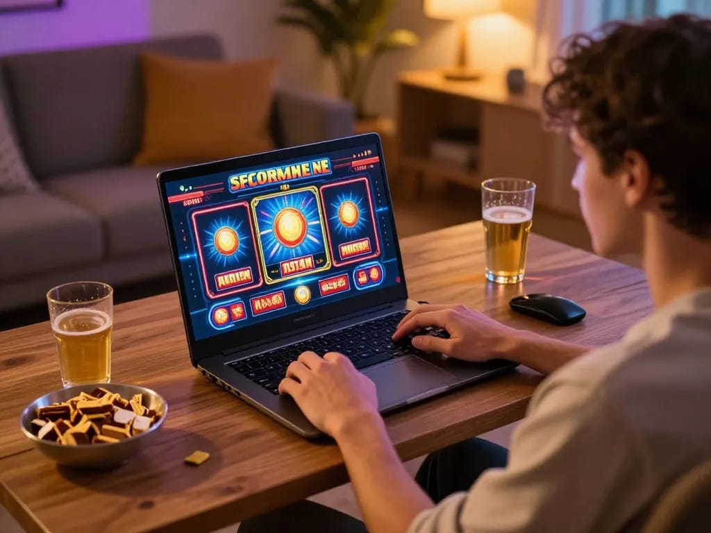 Engaging in online gaming at home with paris888 slot games, showcasing a cozy setup and dynamic interface