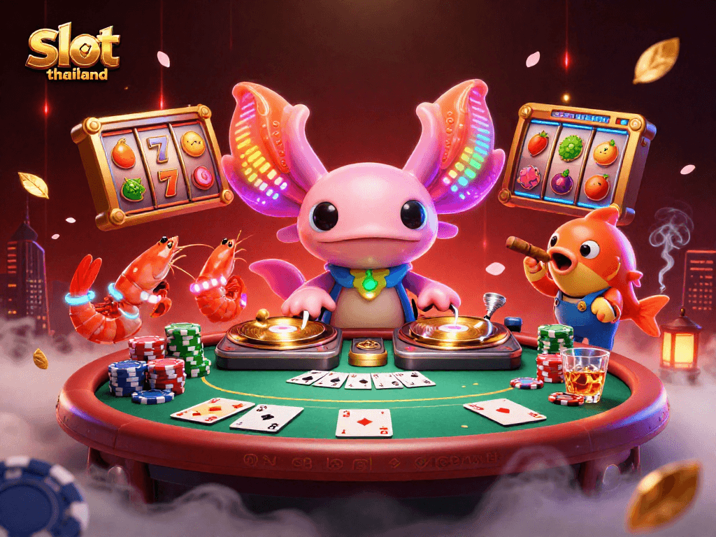 Experience the excitement of slot thailand with vibrant 3D characters celebrating wins in a bustling casino scene.