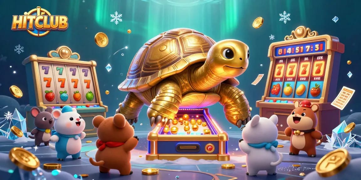 Experience thrilling gaming at HITCLUB with an exciting 3D illustration of a colossal tortoise pinball machine.