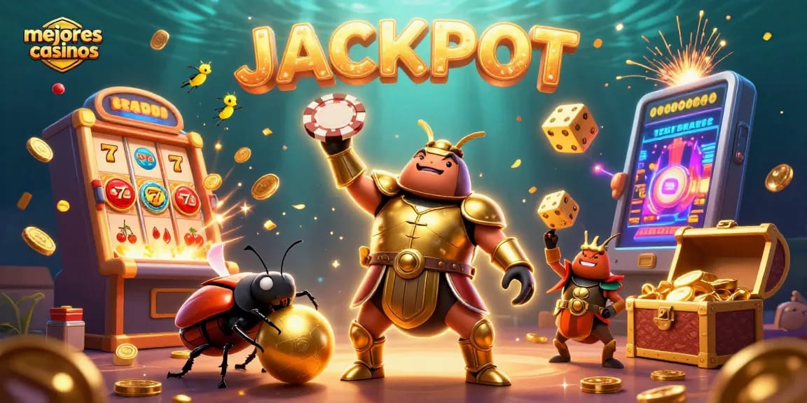 Gana grandes premios en los mejores casinos con la ilustración de un escarabajo héroe y jackpots brillantes.