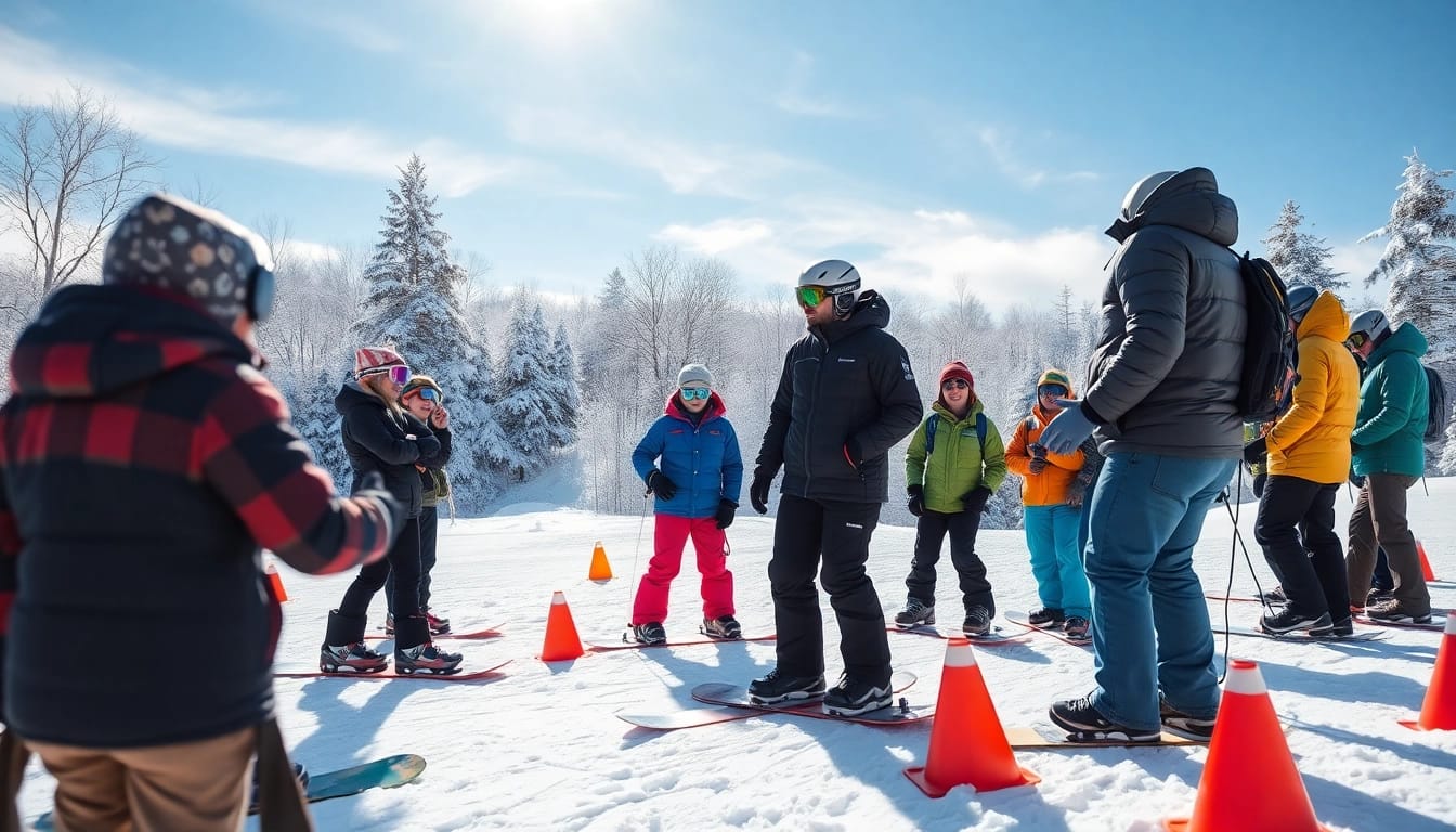 Engaged snowboard lessons winchester, ma participants learning on snowy slopes.