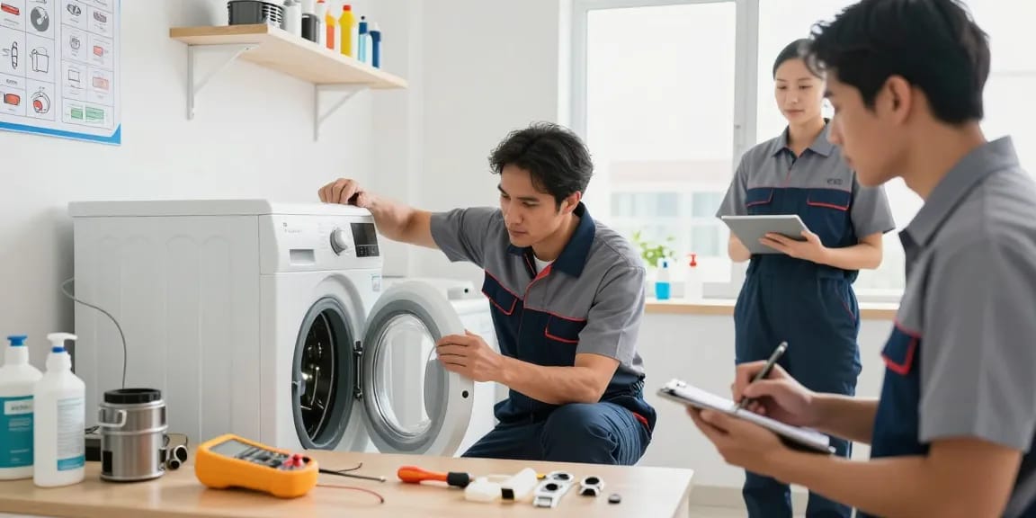 Washing machine repair technician diagnosing appliance in a bright, modern laundry room with tools at hand.