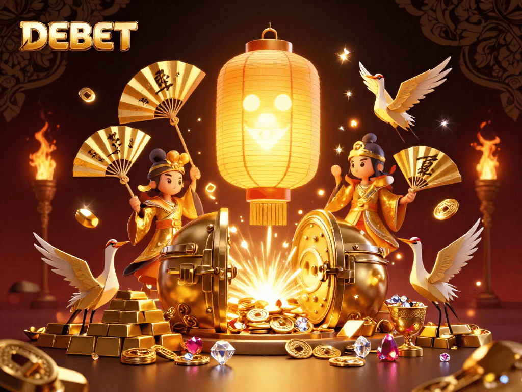 Experience winning strategies at DEBET's vibrant night market casino, featuring golden treasures and spirited characters.