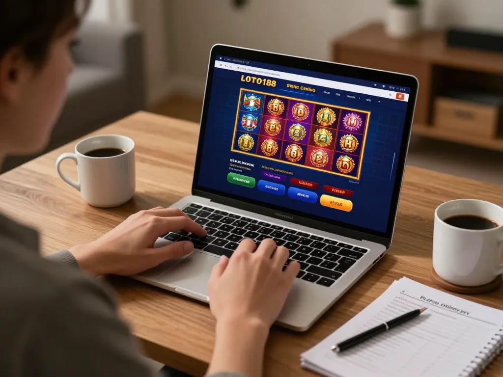 Player engaging with LOTO188 online casino on laptop, emphasizing strategic gambling at home.