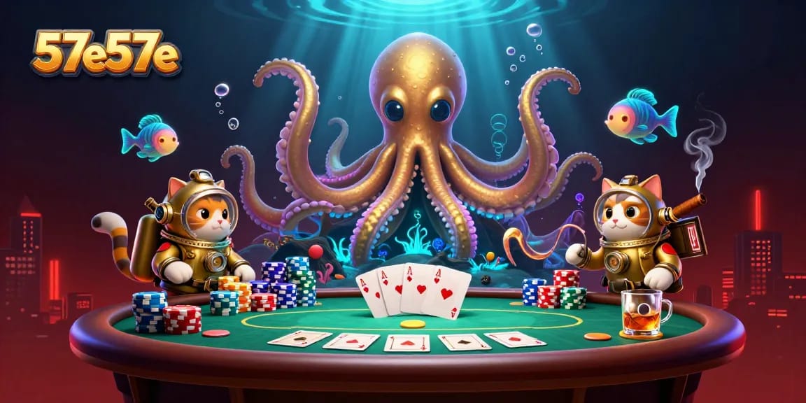 Engage in thrilling poker with the 57e57e kraken and diving cat in a vibrant 3D casino scene.