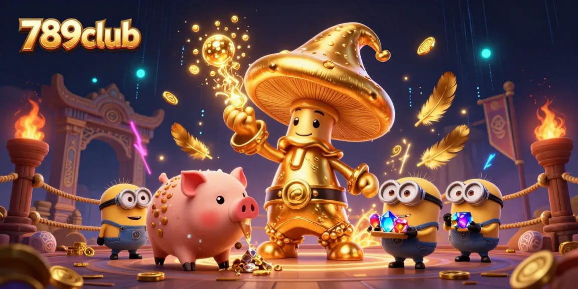 Experience the magic of 789club with a 3D wizard and treasure-hunting characters in a rich casino scene.