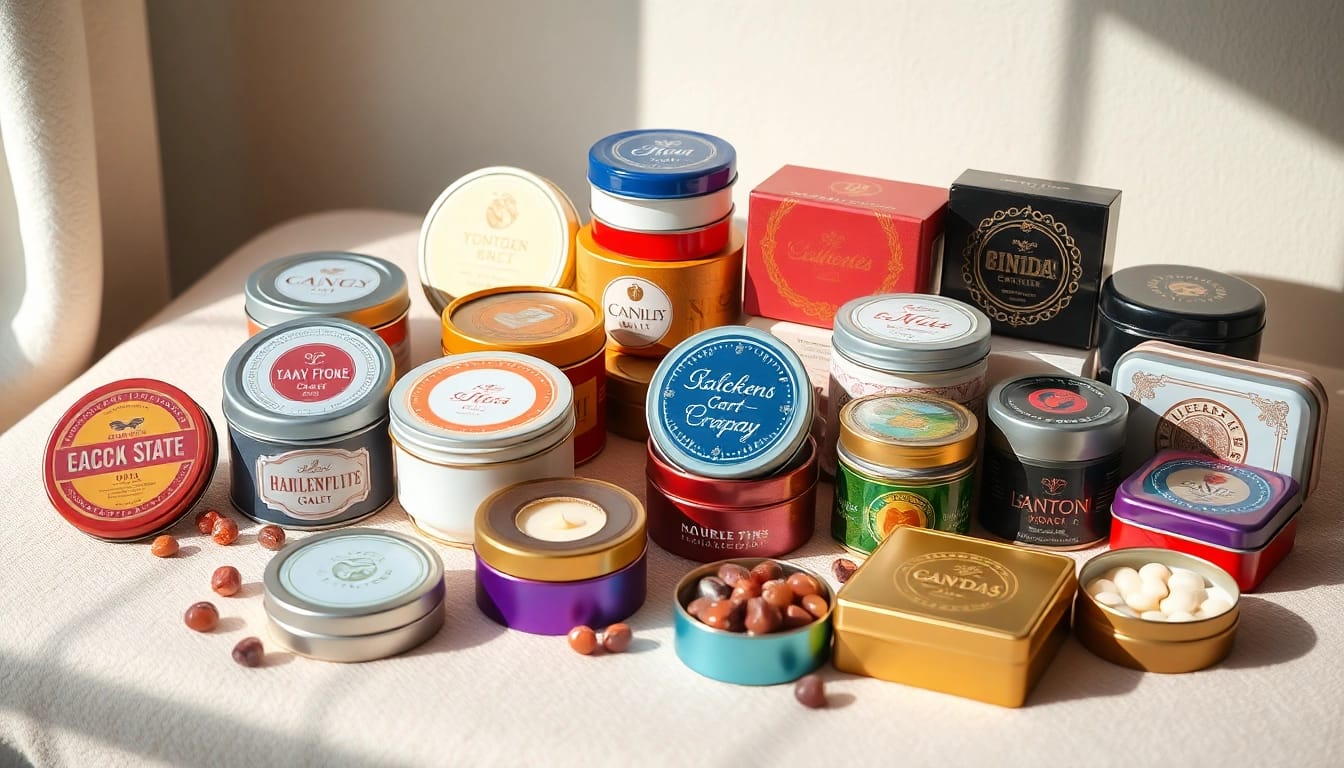 Custom tins showcasing vibrant designs and logos, ideal for packaging solutions.