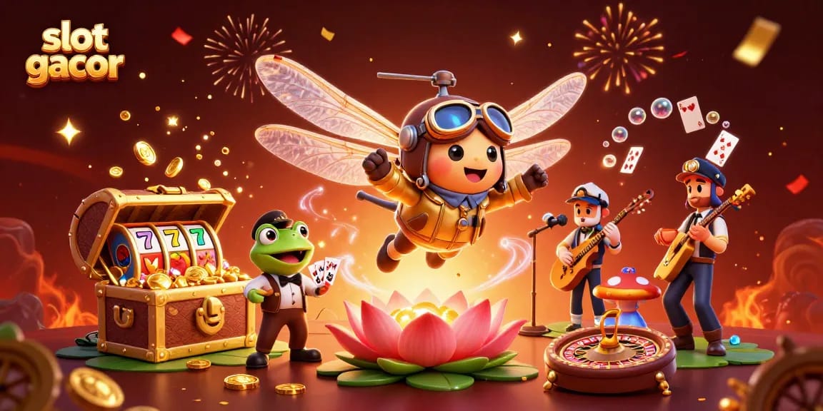 Engage with exciting slot gacor games featuring rich visuals of a dragonfly pilot and jazz band.