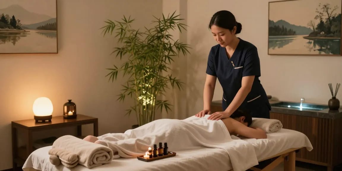 Therapist preparing for 출장안마 session in a serene massage therapy room with calming elements.