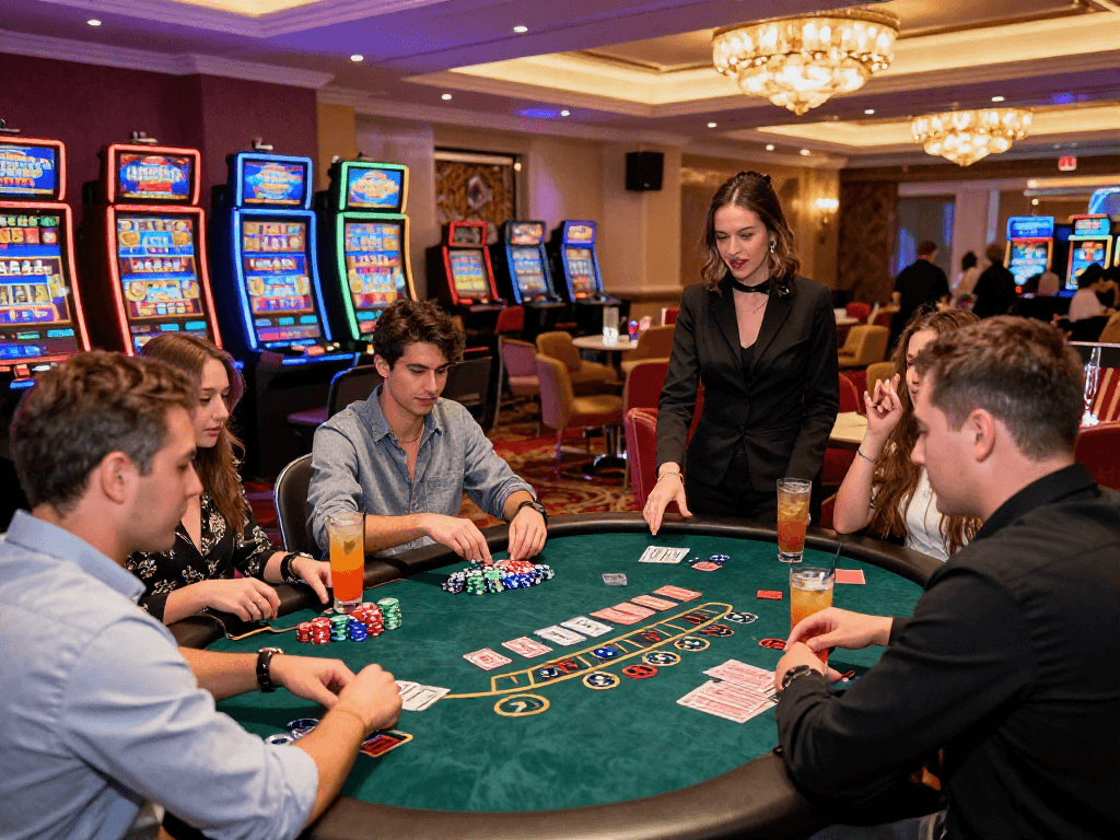 Exciting gaming scene at vin88 casino with diverse players at a blackjack table in a luxurious setting
