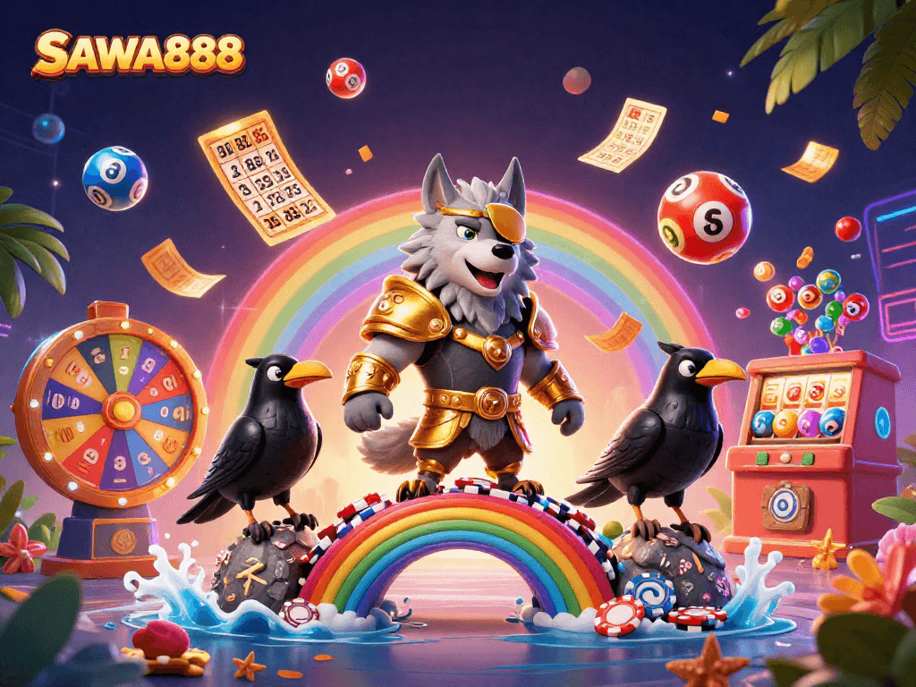 SAWA888 offers thrilling gameplay with a vibrant illustration of a wolf and ravens amidst floating lottery elements.