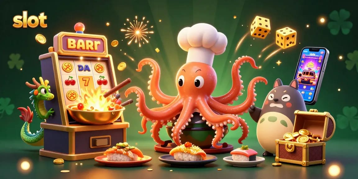 Experience thrilling slot adventures with a vivid illustration of a sushi chef octopus in action.