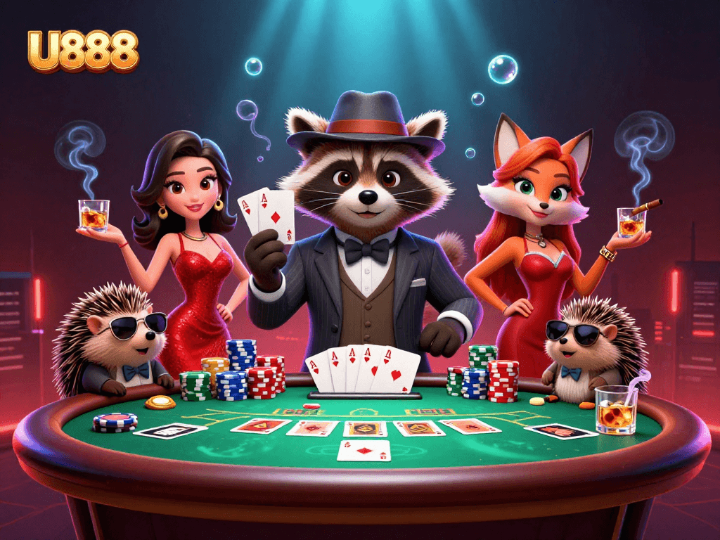 Experience an exciting poker showdown at U888 with vibrant characters and rich gambling elements.