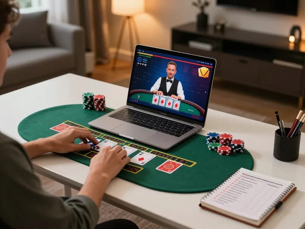 Player engaging in live dealer blackjack at home using the g28 platform, showcasing modern setup and strategic gameplay.