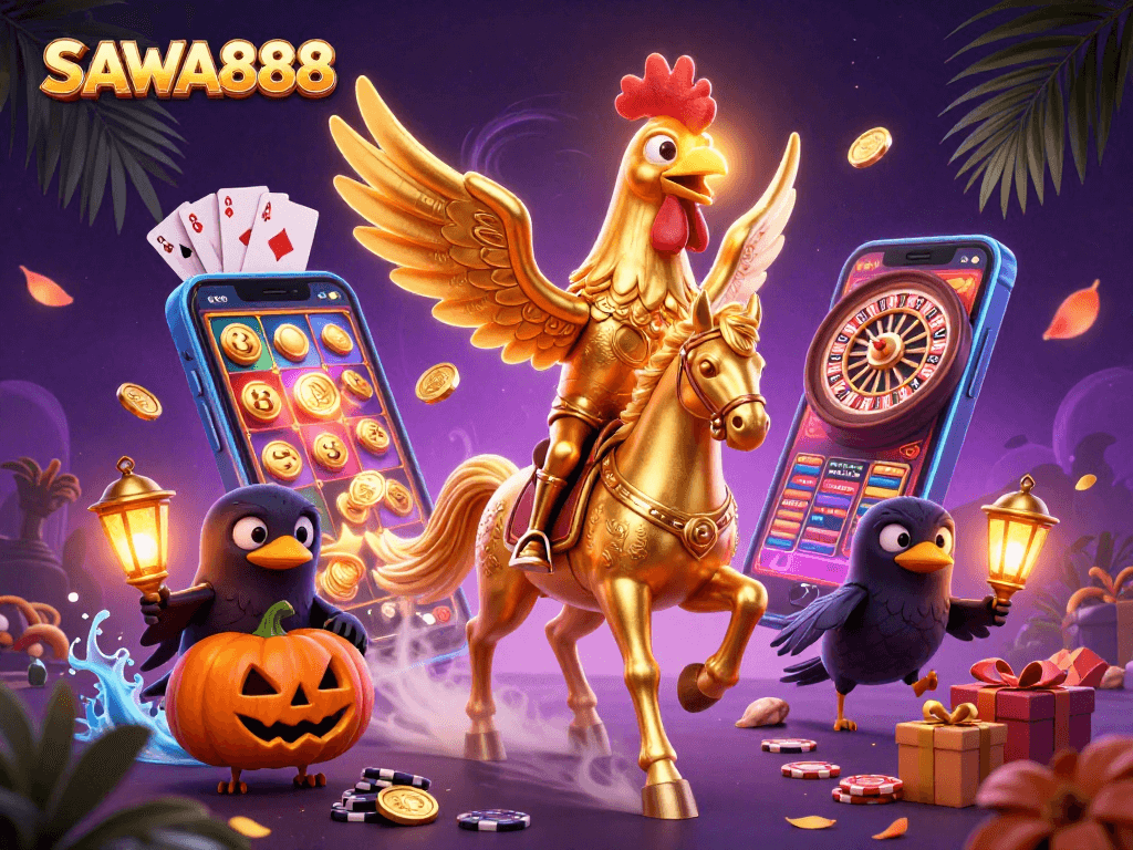 Experience SAWA888's vibrant casino scene where the golden rooster rides through a thrilling slot game adventure.