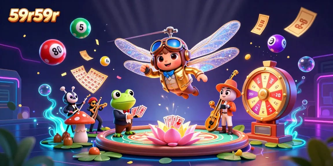 Experience the excitement of 59r59r with a buzzing casino scene featuring whimsical characters and lively gaming action.