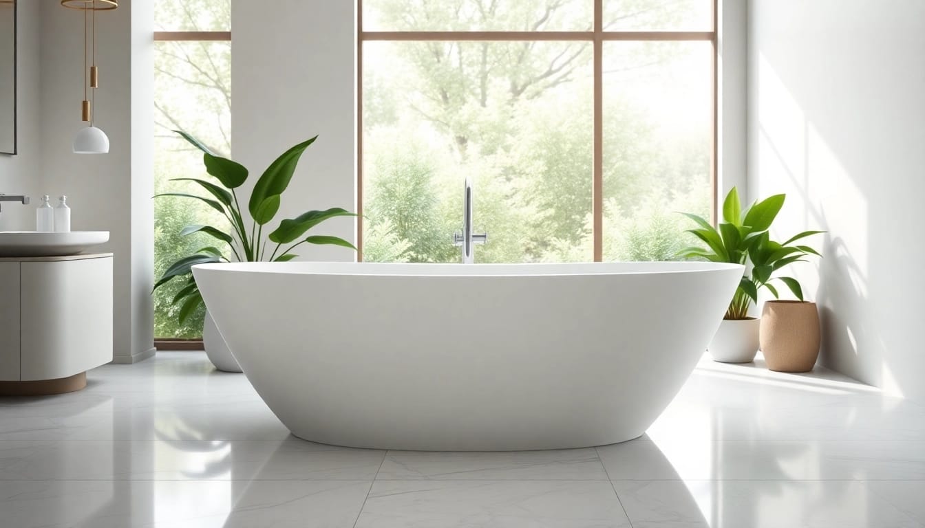 Vasca da bagno elegante con design moderno nella luce naturale di un bagno contemporaneo.