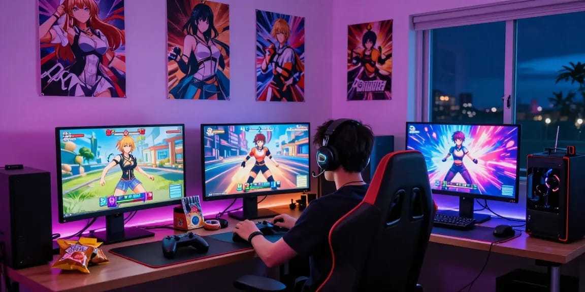 Engaging scene depicting players enjoying hentai games online in a cozy gaming setup.
