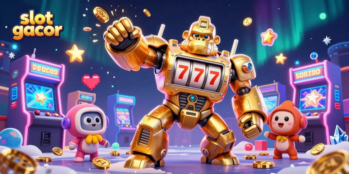 Experience thrilling slot gacor action with a vibrant 3D scene of a golden gorilla mech and arcade games.