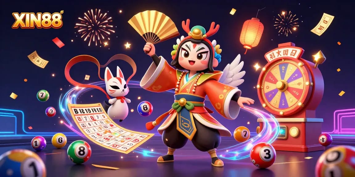 XIN88 offers a vibrant celebration with colorful lottery elements in an exciting casino illustration.