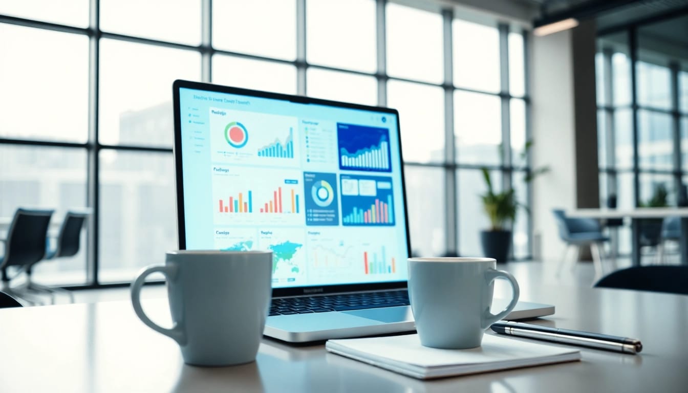 Showcasing enterprise search AI tools on a modern laptop in a vibrant office environment.