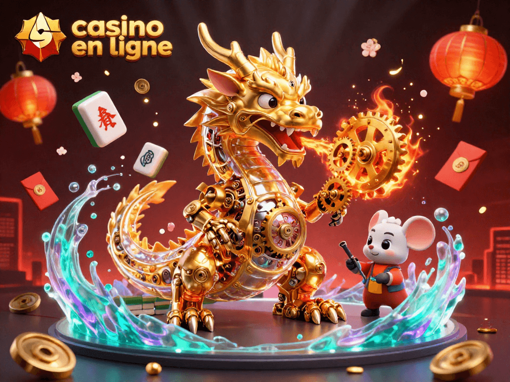 Découvrez les cagnottes du casino en ligne avec des dragons mécaniques, des pièces d'or et des lanternes rouges illuminées.