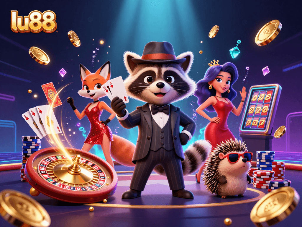 Experience excitement with LU88's royal flush and dazzling casino elements in this vibrant illustration.