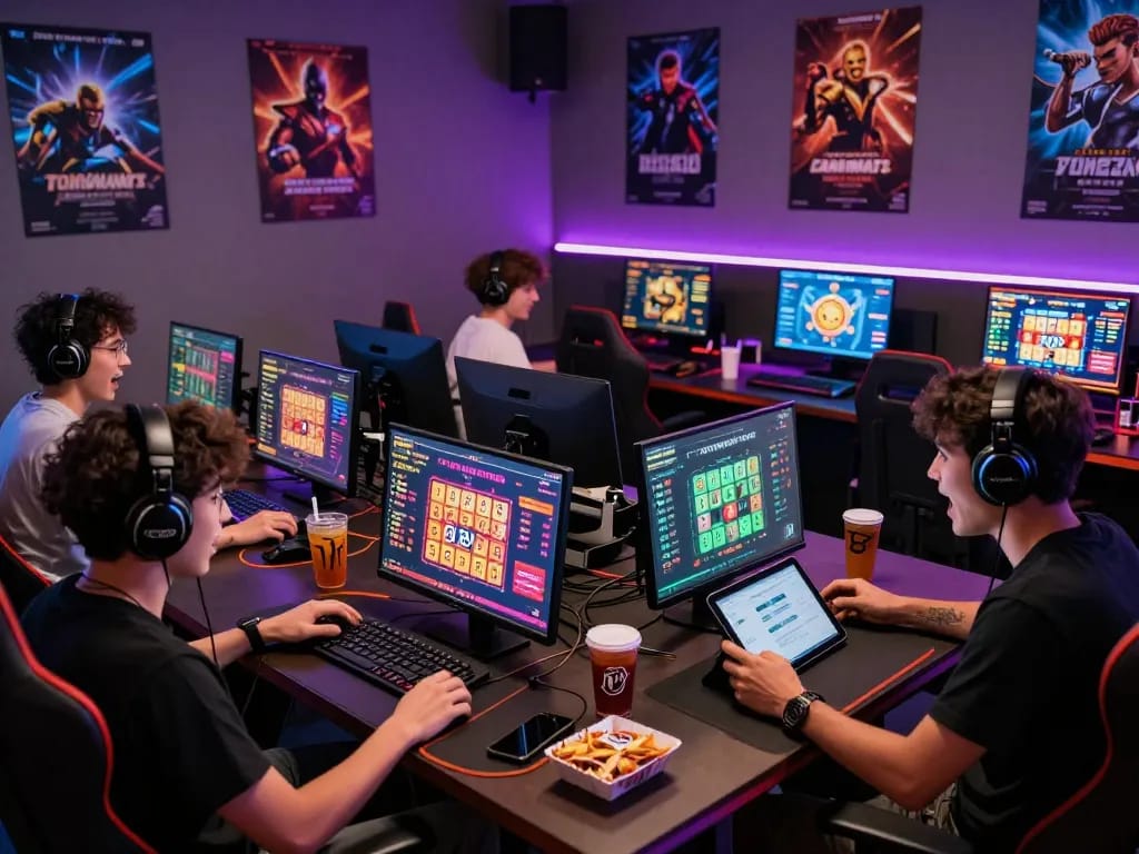 Engaging Togel Online gaming session with diverse players at modern desks.