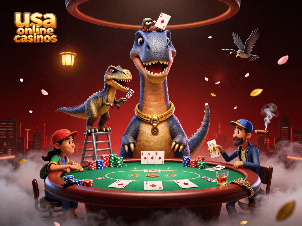 Experience thrilling gameplay at usa online casinos with a clever raptor dealing poker under a giant brontosaurus.