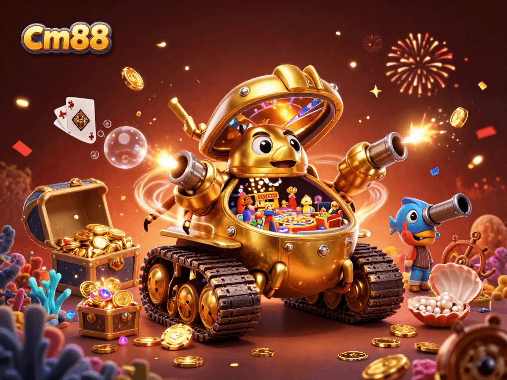 Experience the thrill at cm88 with a vibrant virtual casino scene filled with animated treasures.